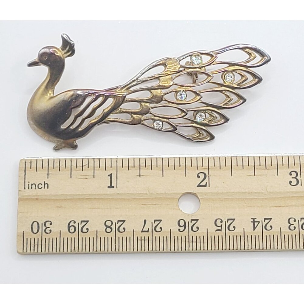 Vintage Peacock Brooch Pin Gold-Tone With Rhinestones MCM - Picture 6 of 7
